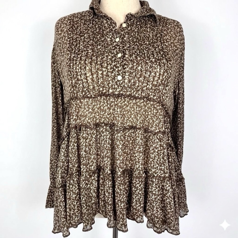 Ralph Lauren Top Women L Brown Cotton Babydoll Peasant Floral Gauzy Relaxed Y2K